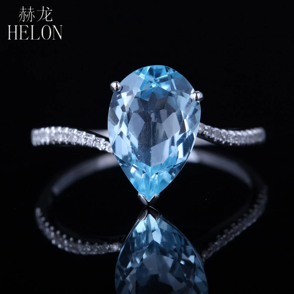 

HELON Pear cut 8X11mm Genuine Blue Topaz Solid 14K 10k White Gold Ring Natural Diamond Engagement Ring Women Jewelry Best Gift