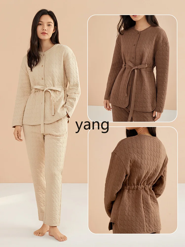 LMM cotton knitted round neck pure cotton long sleeve lace-up pajamas cotton suit women