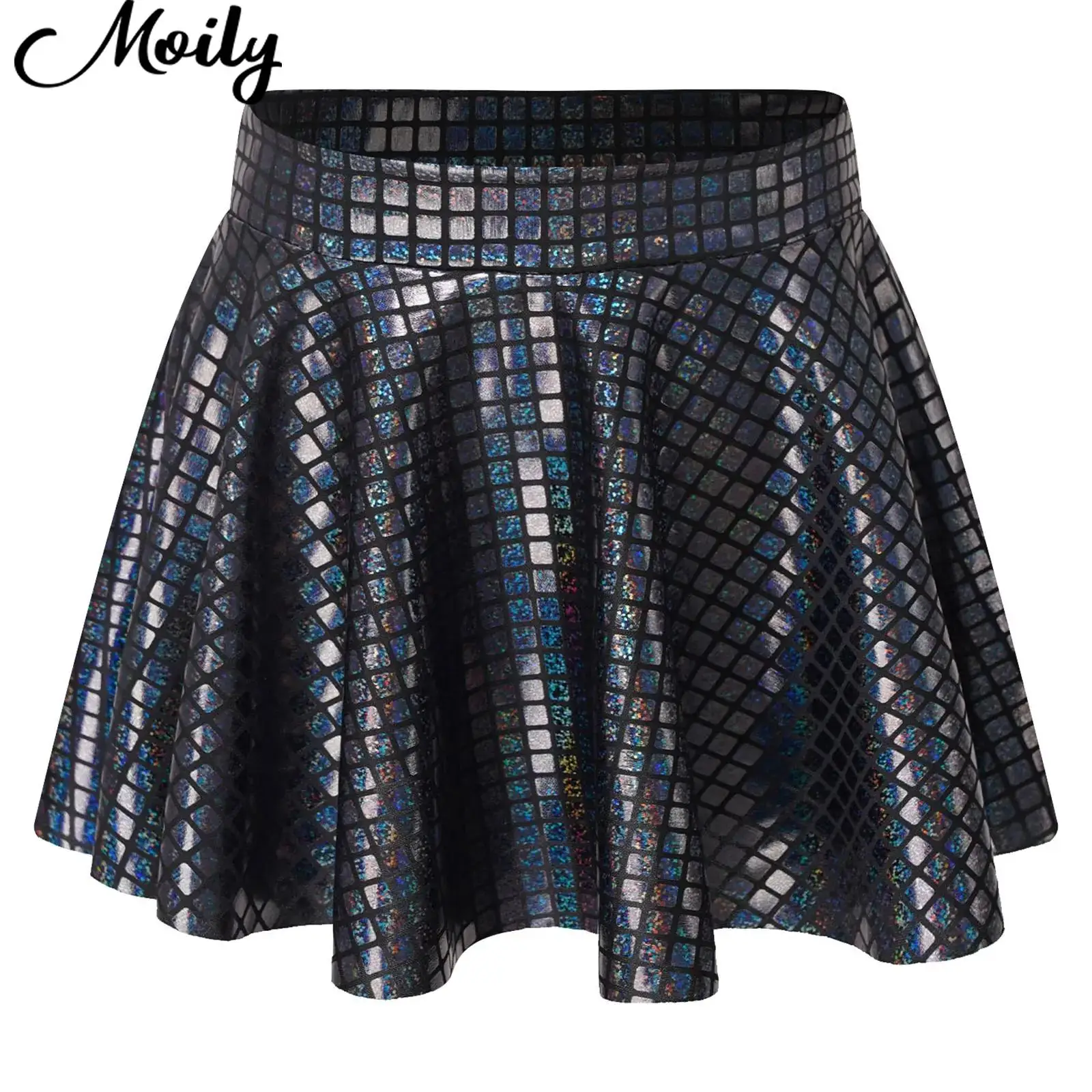 Women Skirt Clubwear Elastic Waistband Ruffled Shiny Plaid Sequins Mini Skirts for Cheerleading Music Festival Rave Costume