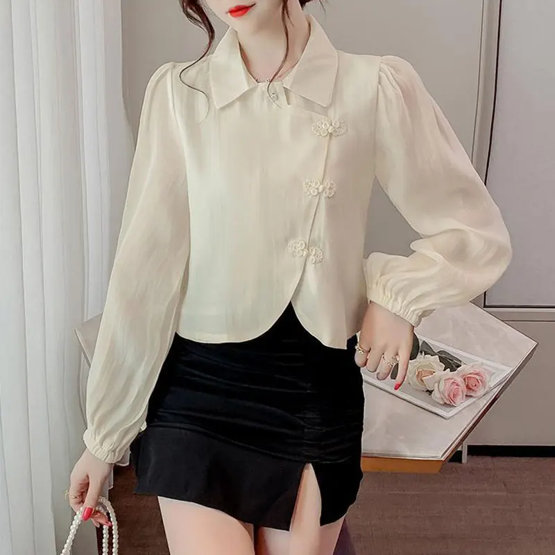 Women\'s Autumn Fashion Simplicity Solid Color Long Sleeve Chiffon Shirts Women Clothes Casual Vintage All-match Temperament Tops