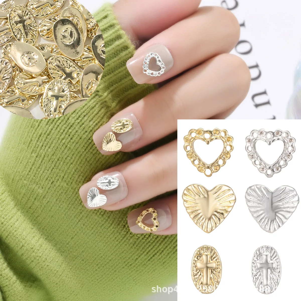 New Cross border Nail Accessories: Heart Cross Hollow out Three Dimensional Heart shaped Metal Nail Accessories for Wearing