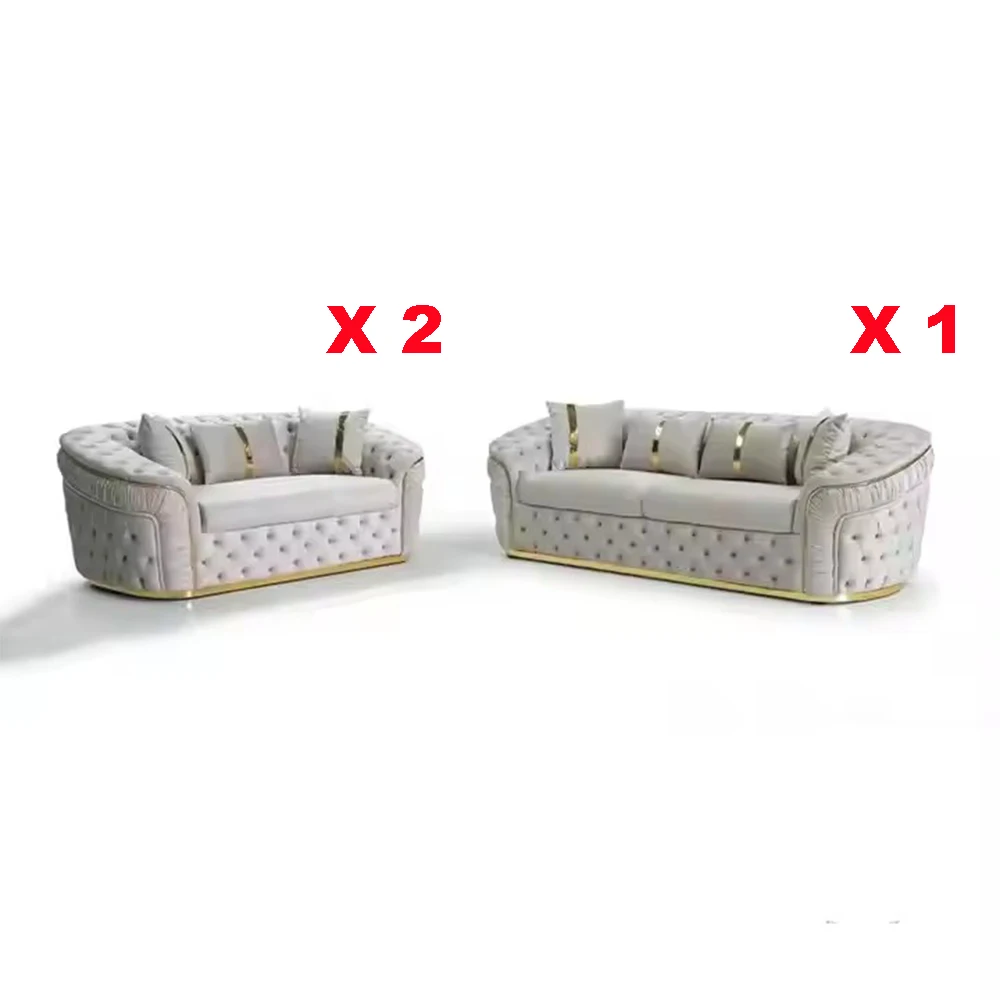 #3+2+2 seater MANBAS Chesterfield Sectional Sofa Set with Cloth Buttons and Fabric Modular Couch with Gold Stainless Steel Base
