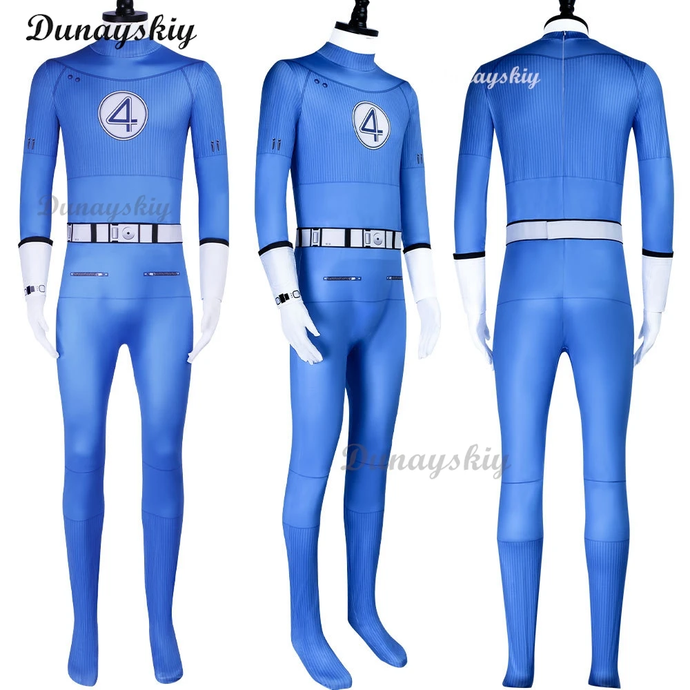 

Fantastic Four Cosplay Jumpsuit Blue White Thunderbolt Fire Invisibility Costume Adult Halloween Party Outfit