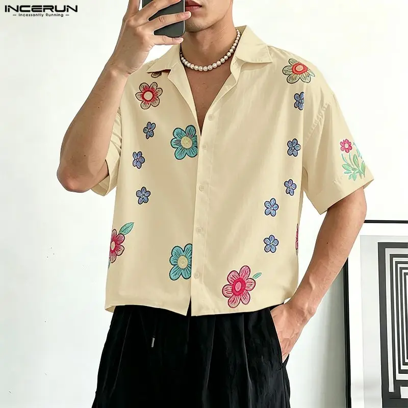 INCERUN Men's Shirt Flower Printing Lapel Short Sleeve Button Men Clothes Summer Streetwear 2026 Vacation Hawaiian Shirts Tops