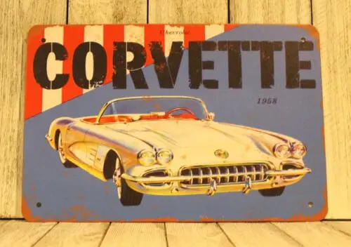 Corvette Tin Sign Metal Muscle Car Auto Show  Vintage Rustic Look Garage