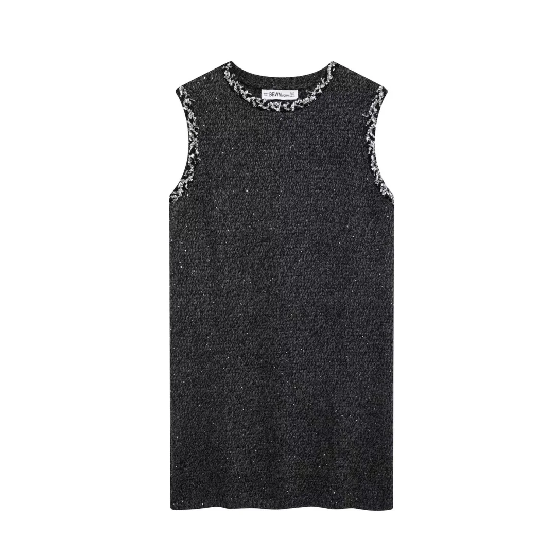 TRAF 2024 Winter New Women's Style Versatile Bead Knitted Sleeveless Round Neck Loose Tank Top Dress