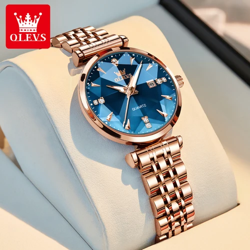 OLEVS Relojes para mujer Moda Elegante Forma rómbica Espejo Reloj de pulsera de cuarzo original Correa impermeable Fecha