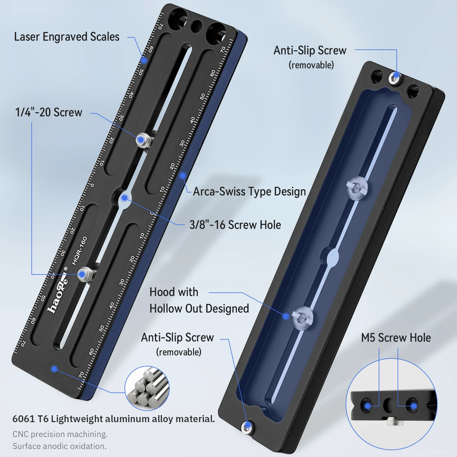 Haoge-قضيب انزلاقي للكاميرا ، 160 مللي متر ، متعدد الأغراض ، طويل ، سريع التحرير ، حامل ثلاثي القوائم ، مشبك رأس كروي متوافق مع Benro Arca Swiss