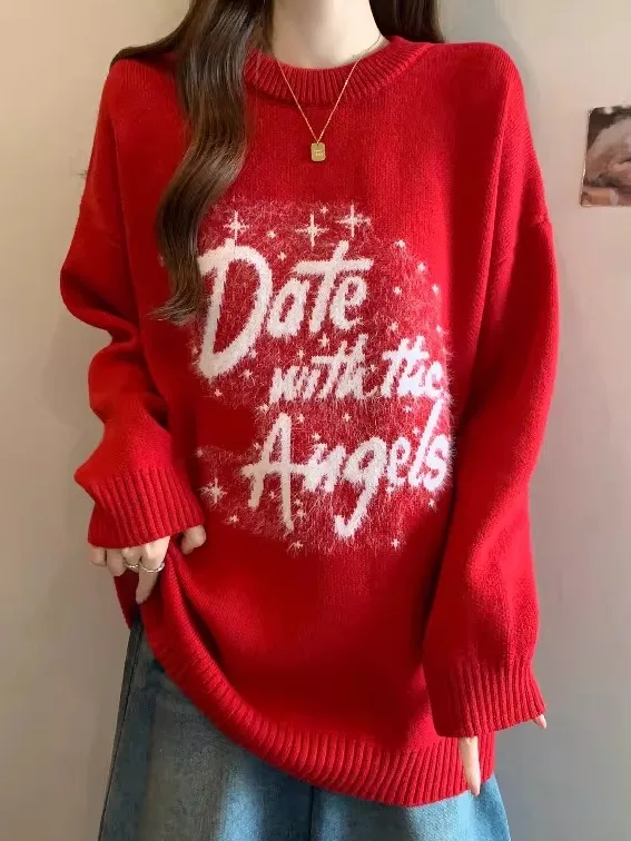 

Красный вязаный свитер Long Sve, свободный крой, повседневный, мягкий, полиэфирное волокно, зимний модный женский топ больших размеров