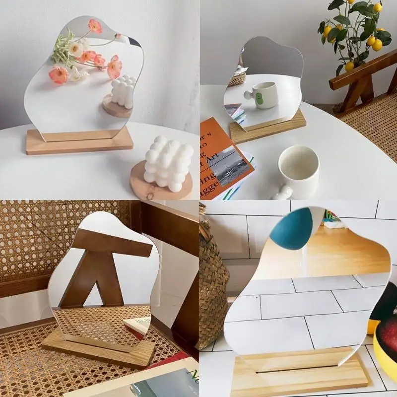 불규칙한 메이크업 거울 아크릴 미러 데스크탑 홈 장식 목재베이스