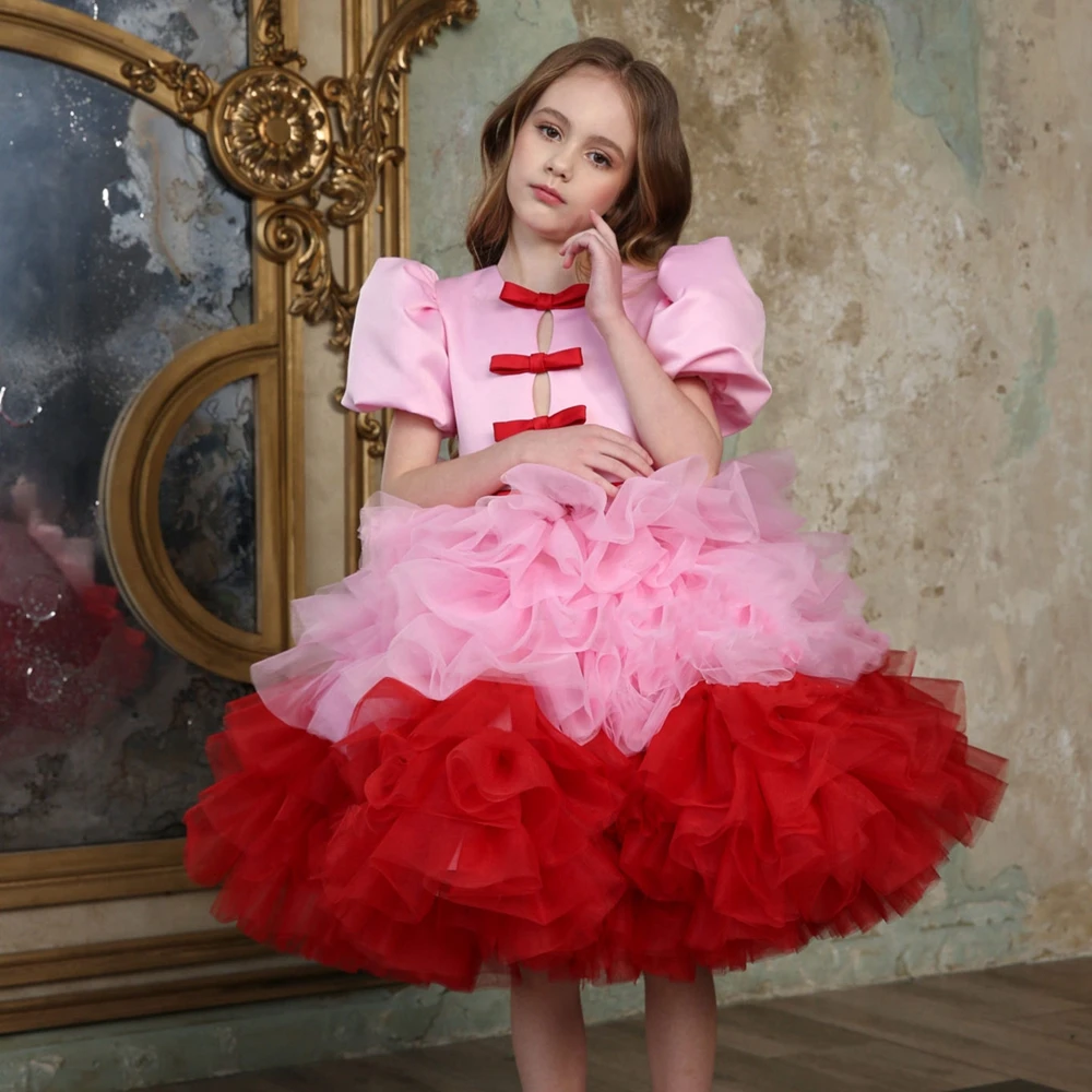 New Design Puffy Mesh Flower Girl Dresses Cute Bow Satin Mini Tutu Kids Brithday Party Dress Mix Color Tulle New Year Gowns