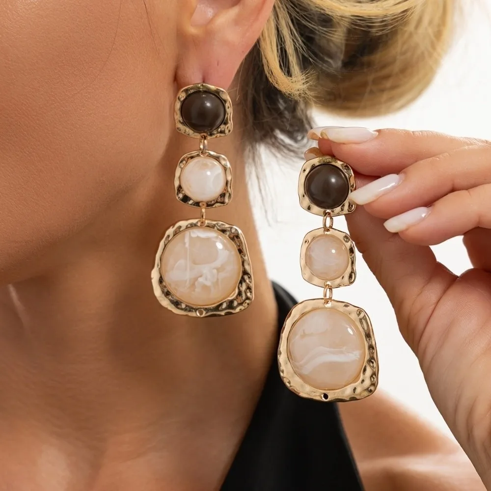 Gold Tone Resin Drop Earrings Three Layer Round Shape Statement Dangle Earrings Marbled Finish Elegant