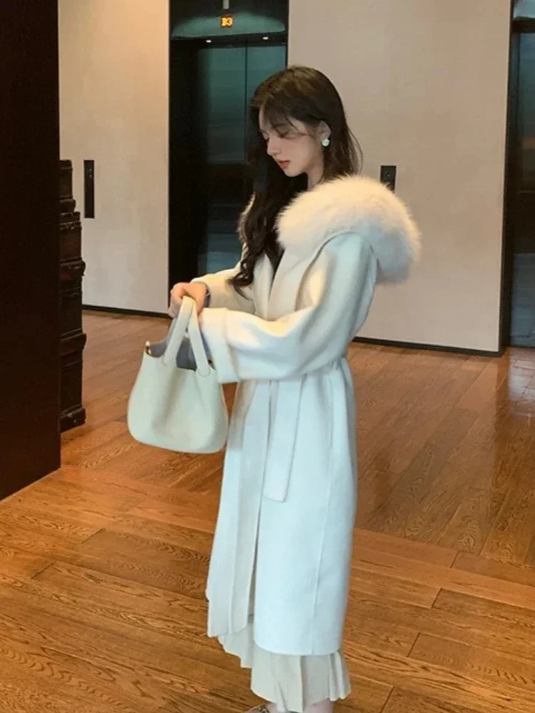 2025 Vrouwen Lange Dubbelzijdige Wollen Jas Met Capuchon Echt Vossenbont Kasjmier Wollen Jas Vrouwelijke Mode Elegante Warme Winter kleding