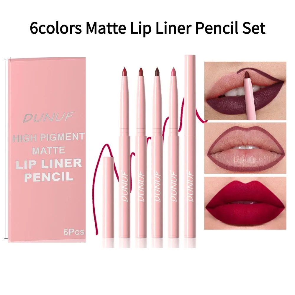 6colors Velvet Matte Lipstick Pencil Kit Long Lasting Waterproof Non Sticky Lip Liner Pen Highly Pigmented Lip Contour Crayons