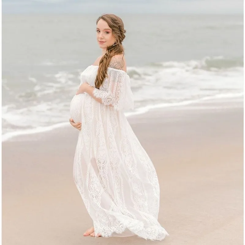 

Sexy White Lace Maternity Dress Photoshoot For Woman's Evening Dress Long Pregnancy Babyshower Gown Pregnant Photography Clothes