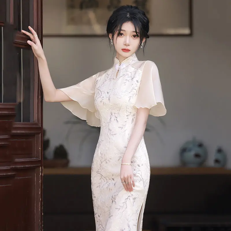 

Cheongsam новое женское летнее шифоновое элегантное молодежное платье в китайском стиле с цветочным рисунком Qipao женское ретро платье с воротником-стойкой облегающее вечерние платье