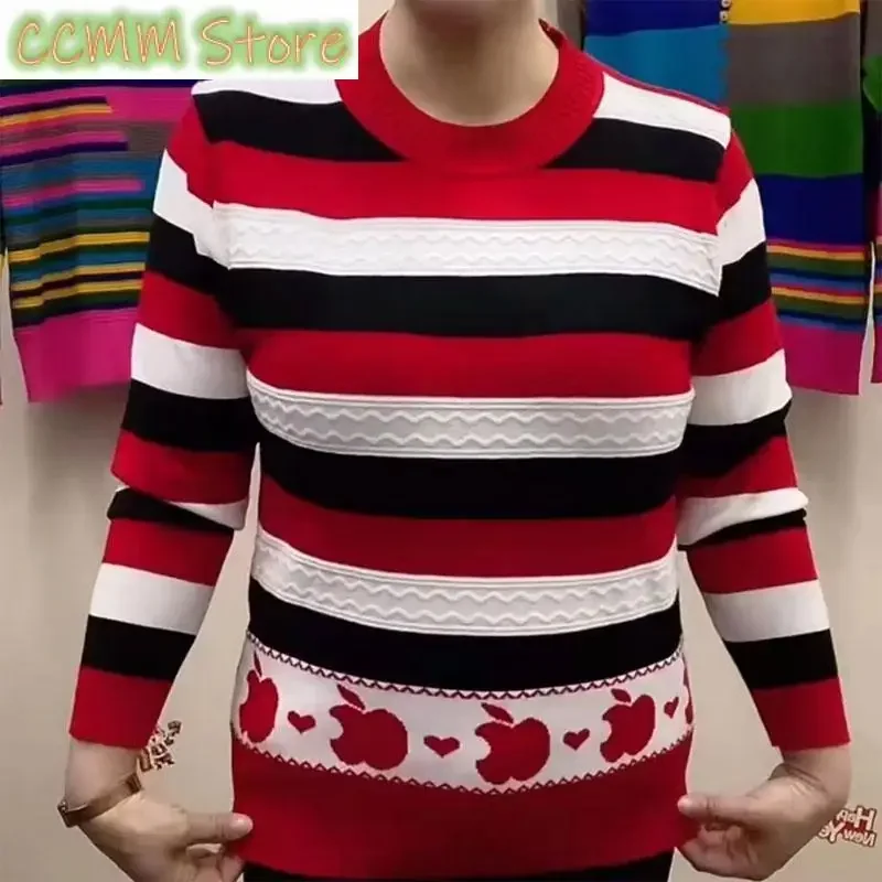 

Весенне-осенние вязаные свитера с принтом, женская одежда, винтажные повседневные джемперы контрастных цветов в полоску из жаккардового плетения с круглым вырезом