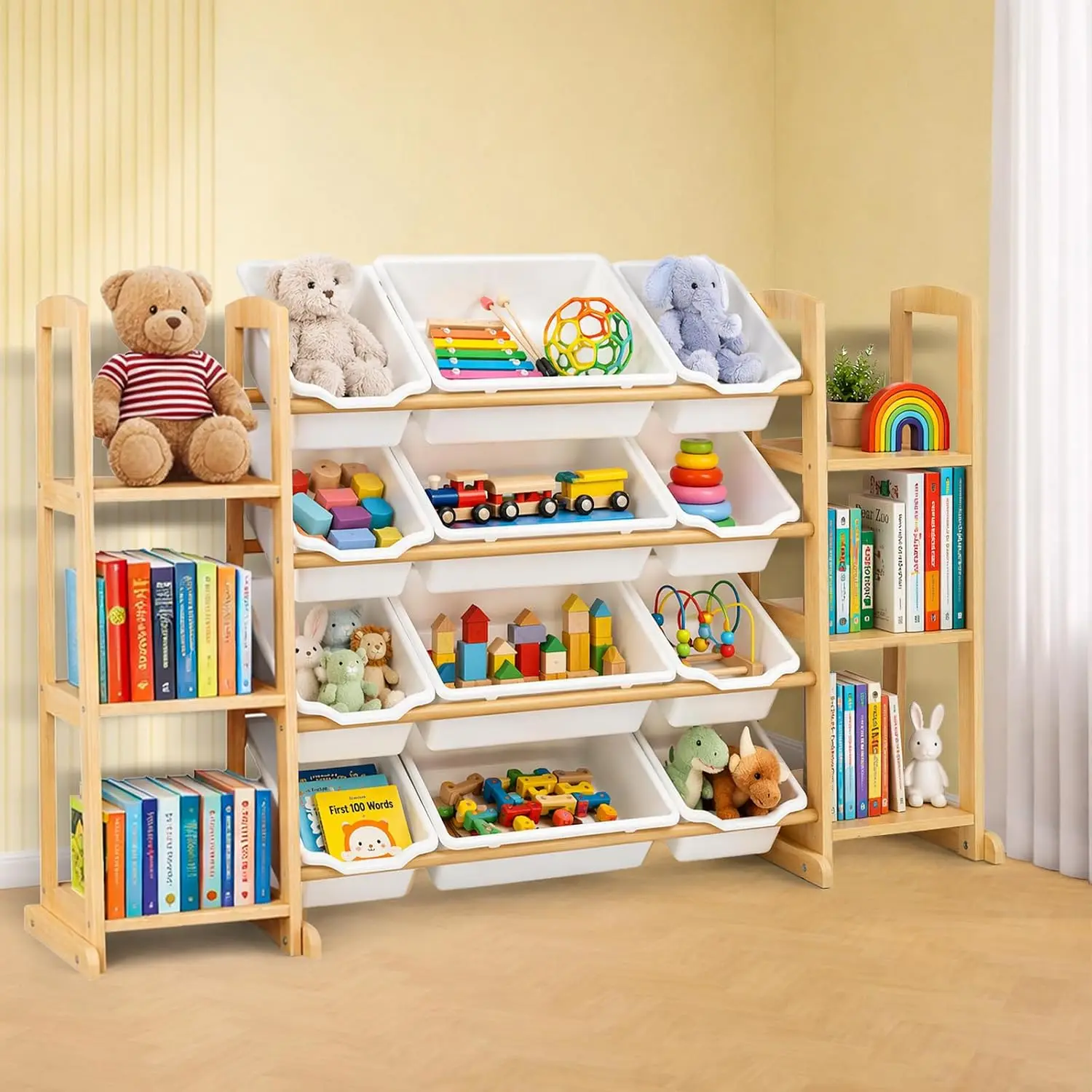 Kids Toy Storage Organizer Wooden Toy Organizer Unit With Twelve Plastic Toy Bins Six Tier Bookcase Bookshelf Display Cabinet Storage Rack For Nursery Playroom White