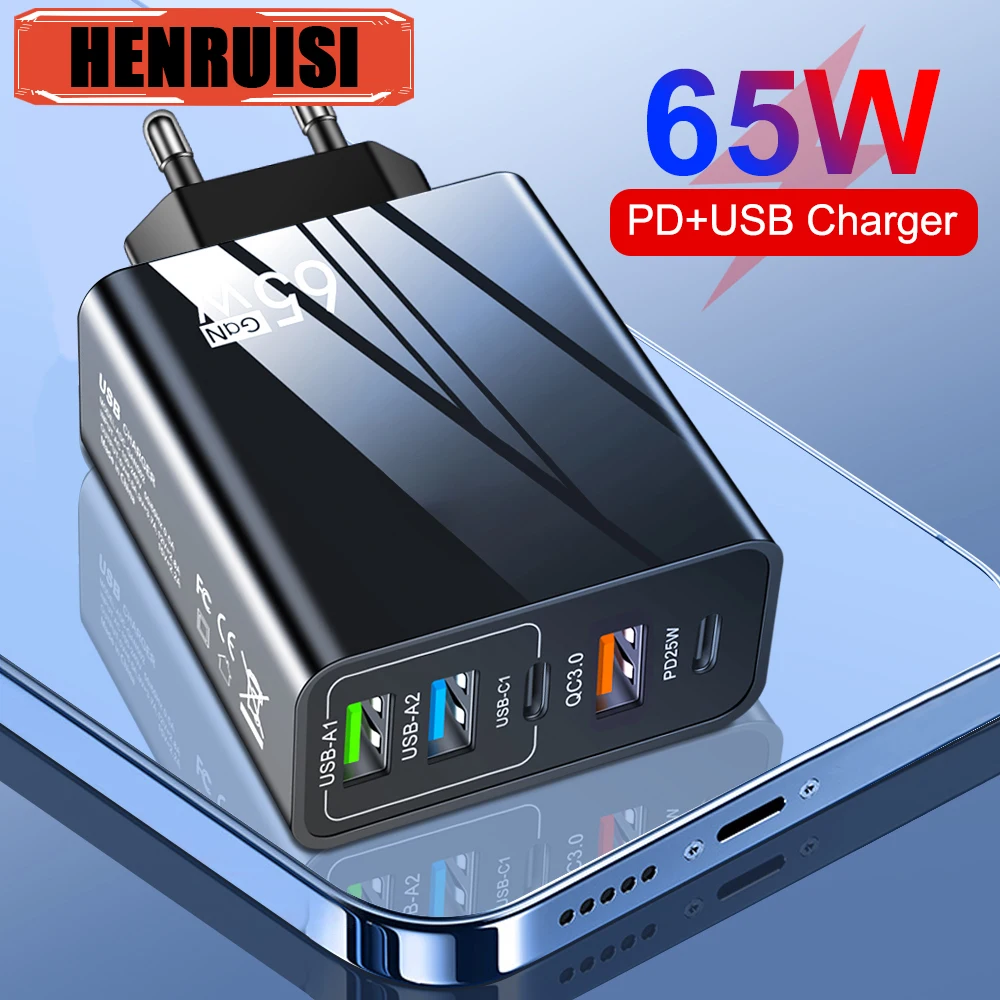 65W GaN Multifunctional Travel Charger PD 25W Fast Charging Mobile Phone Adapter For iPhone Samsung Xiaomi Huawei Quick Charger