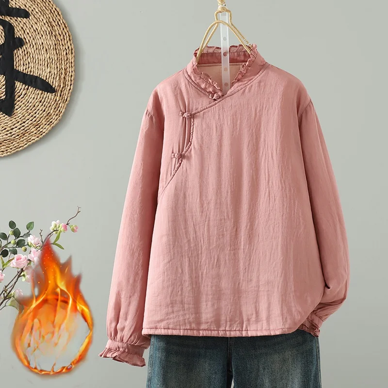 سترة قطنية رفيعة مع أزرار مرقعة من الدانتيل مُزينة بنقشة الزهور، ملابس قطنية صغيرة ذات ياقة مائلة للسيدات، خفيفة الوزن #1