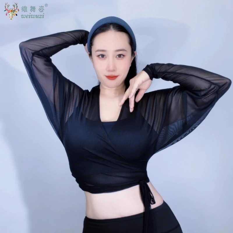 

Belly Dance Training Costume Breathable Mesh Top Women's Sexy V-neck Long Sleeved Bat SleeveTop Oriental Dance Practice Clothes