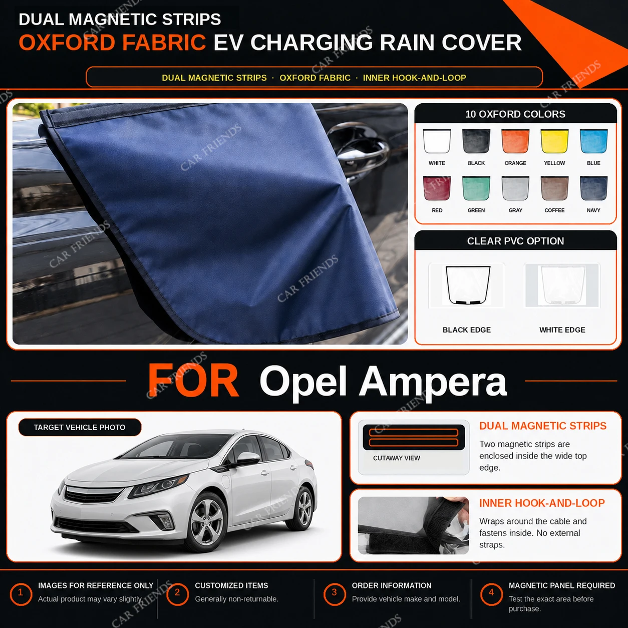 For Opel Ampera Oxford Fabric EV Charging Port Rain Cover with Dual Magnetic Strips Water-Repellent Outdoor Charging