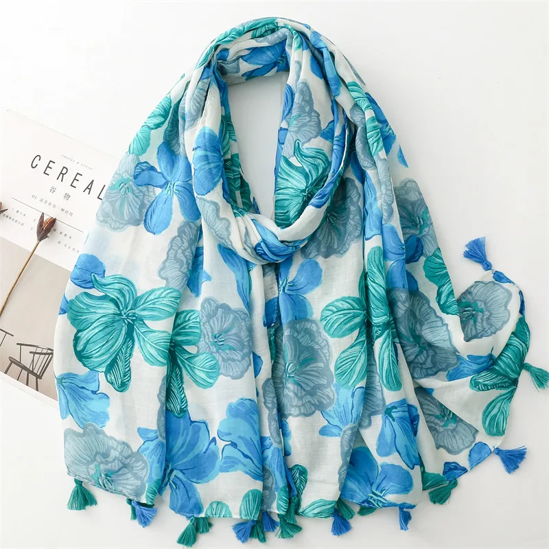 2024 Spain Fashion Petal Floral Tassel Viscose Shawls Scarf Lady High Quality Wrap Pashmina Stole Bufandas Muslim Hijab 180*90Cm