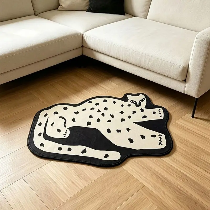 VIKAMA Cute Cartoon Leopard Shaped Rug Irregular Black White Animal Carpet Soft Non Slip Washable Living Room Bedroom Home