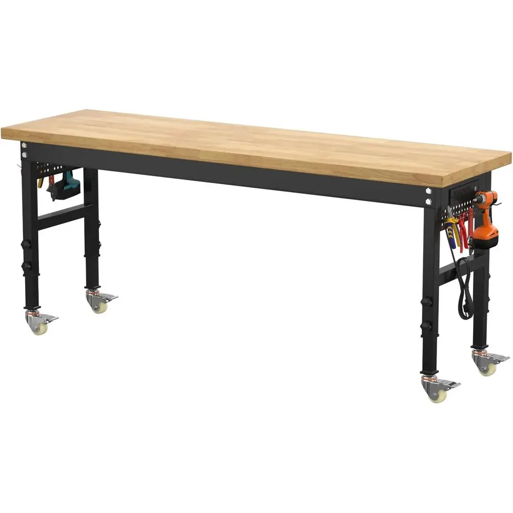 

70 Heavy-Duty Wood Workbench with Adjustable Height, Wheels, Power Outlets, and Pegboard for 3000 lbs Capacity
