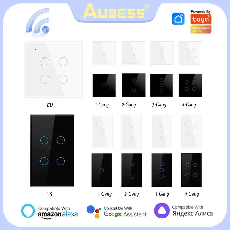 Aubess Tuya WiFi Smart Switch Interruptor EU/US 1/2/3/4 Way Panel Touch Light Switch Smart Home Yandex Alice Alexa Google Home