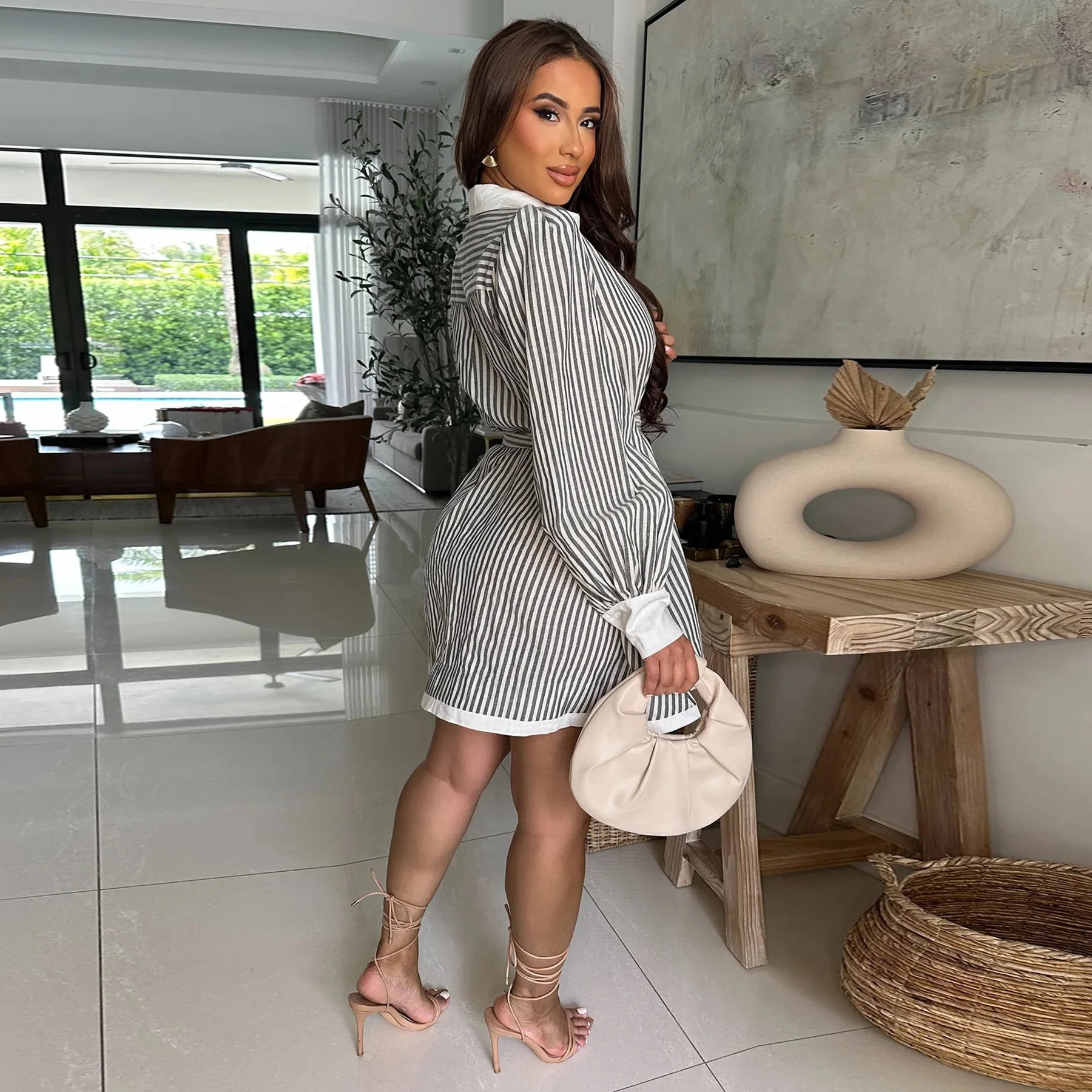 Primavera otoño mujeres rayas impreso manga larga fajas camisa bata Mini vestido Casual vacaciones uso diario vestidos