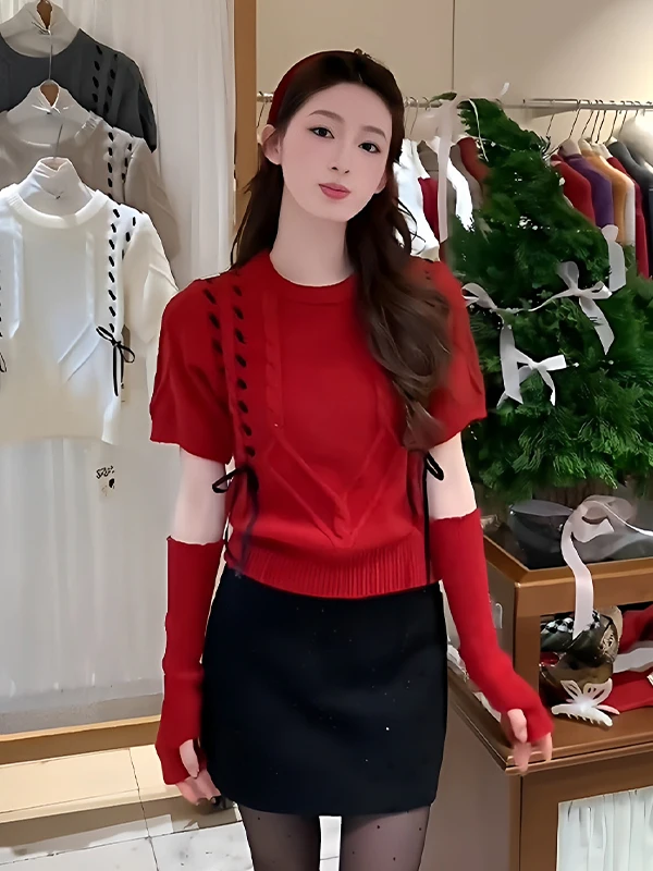 

Red Cisas New Year Knot Sve Covers Women's Knitted Sweater 2025 Autumn Winter New Sle Belted Top