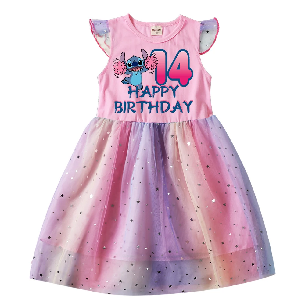 Children Dress Stitch Birthday Number 1-12 Girl Print Dresses Princess Cartoon Casual Clothes Girl Gauze Flying Sleeve Kid Gifts