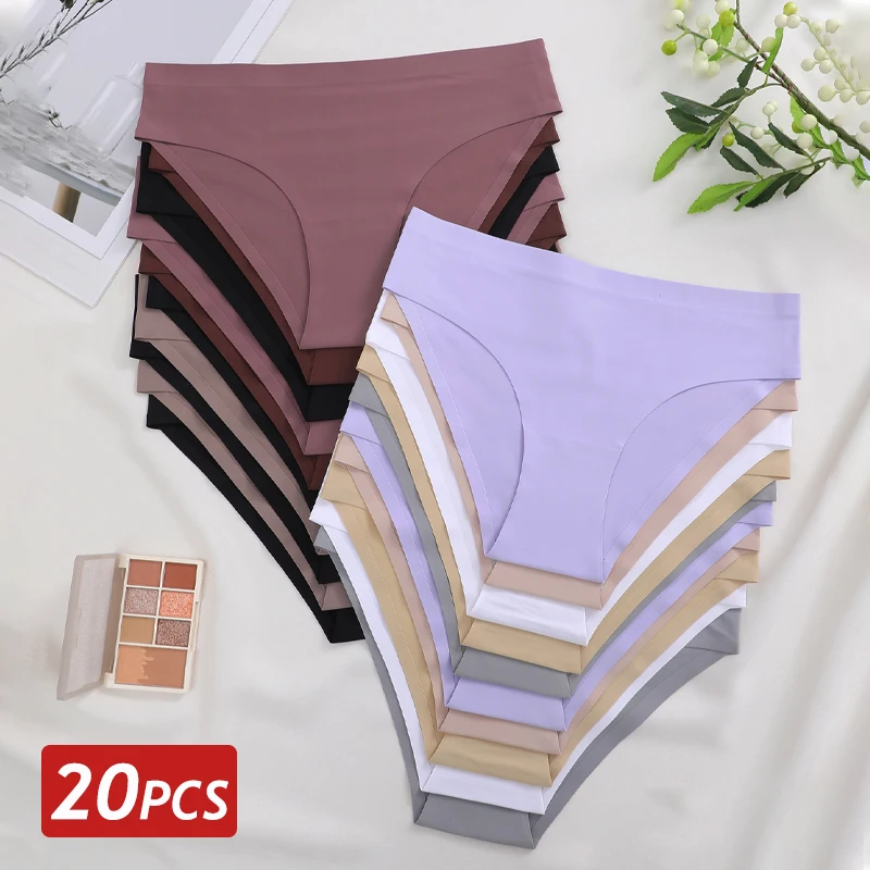 

20PCS Wholesale Seamless Panties Ice Silk Ultra Thin Breathable Underwear Sexy Low-Waist Briefs Solid Color