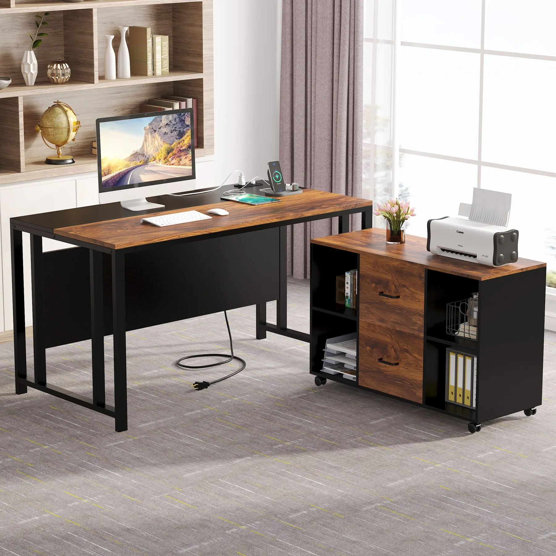 Tribesigns L-Shaped Computer Desk with Power Outlet and Drawer Cabinet with 40 inch Lateral File Cabinet