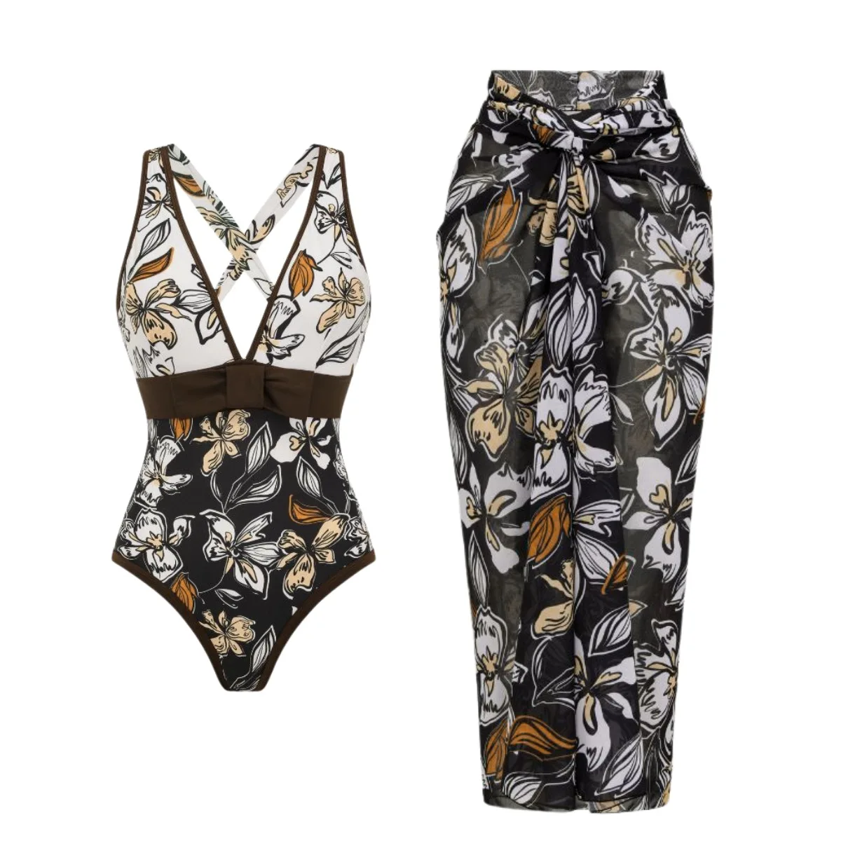 Retro Floral Deep V Cross Back One-Piece Swimsuit Women's Two-Piece Set Contrasting Color New Style Swimwear