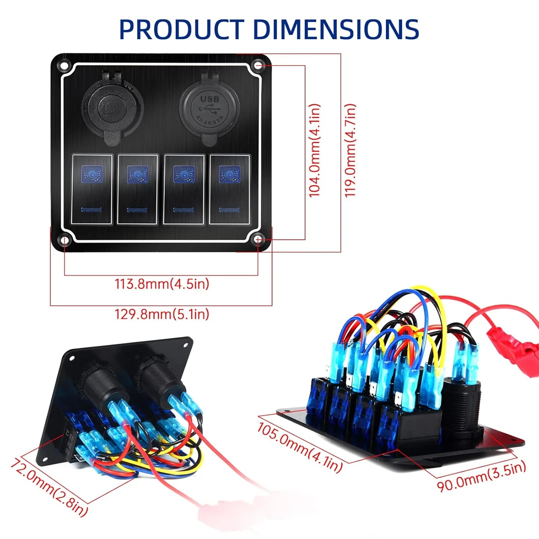 ABILKEEN 4 Gang Panel ON-OFF Dual LED Light Metal Rocker Push Button+Dual USD 5V4.2A Car Charger+Cigarette lighter Female Socket