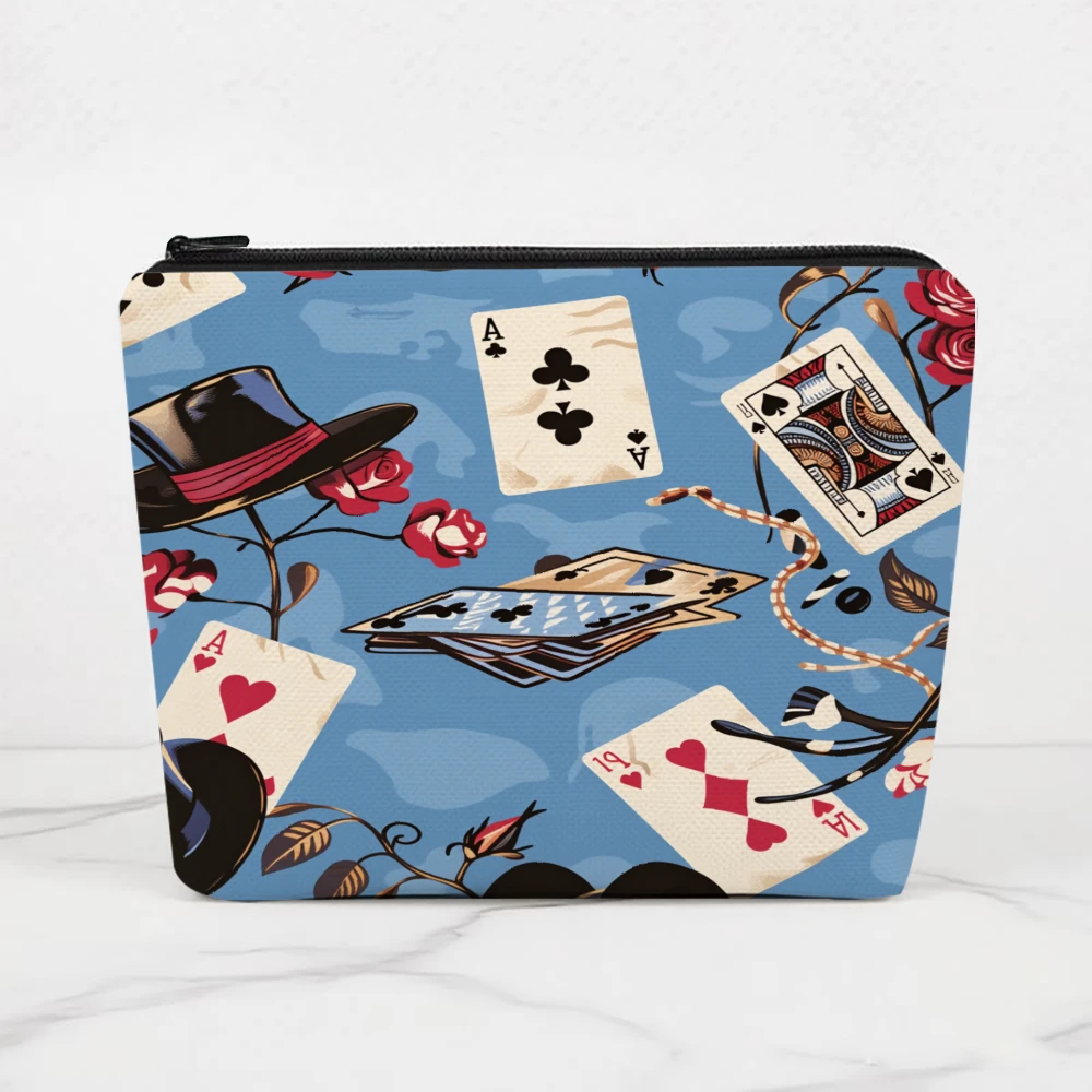 Playing Cards Hat Flowers Blue Background Makeup Bags for Girls Cosmetic Pouch Toiletry Bag Pencil Case Travel Storage