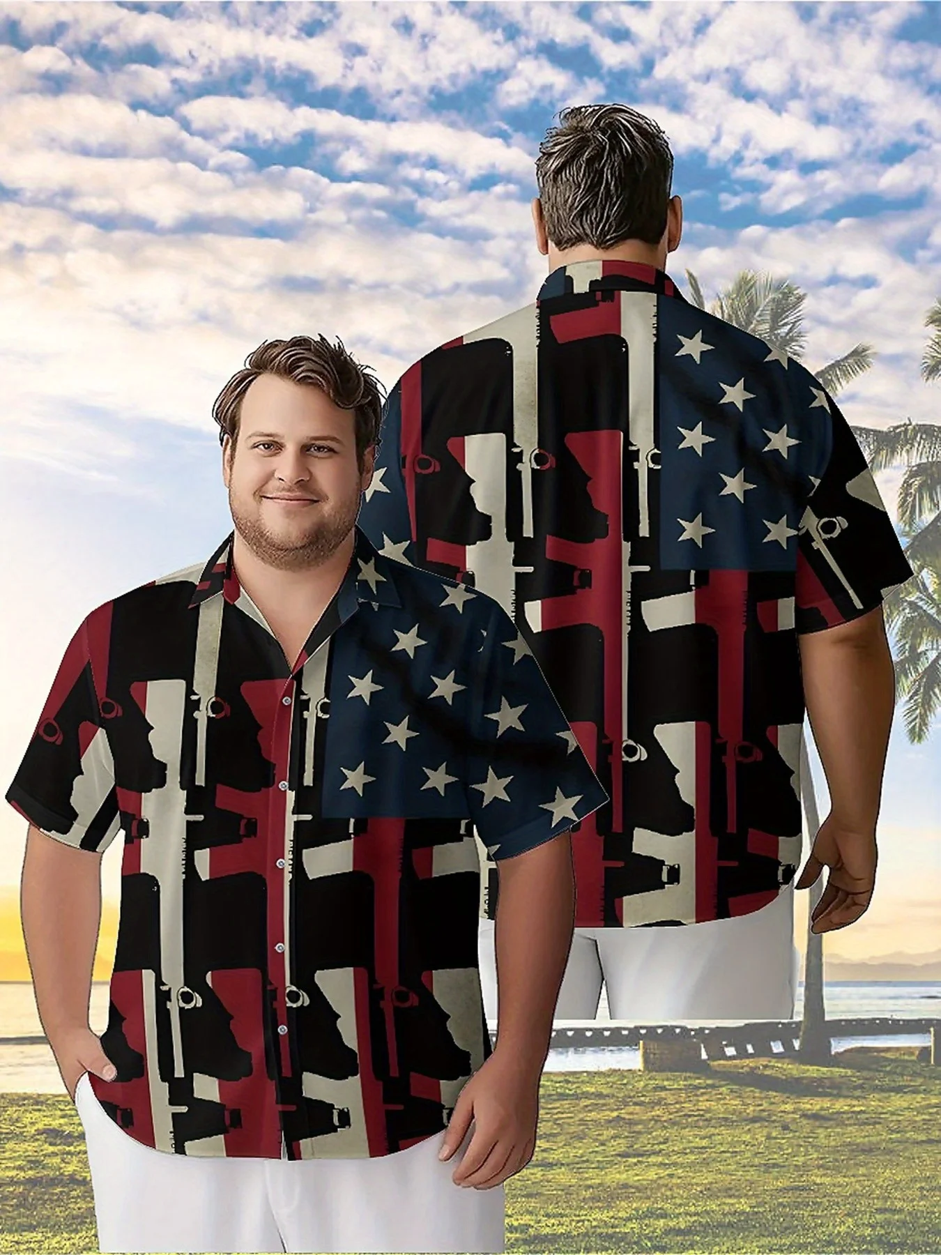 

Men's Plus Size Hawaiian Shirts Classic Red, White and Blue and Guns Pattern, Summer Casual Tops, Suitable for Outdoor and Party