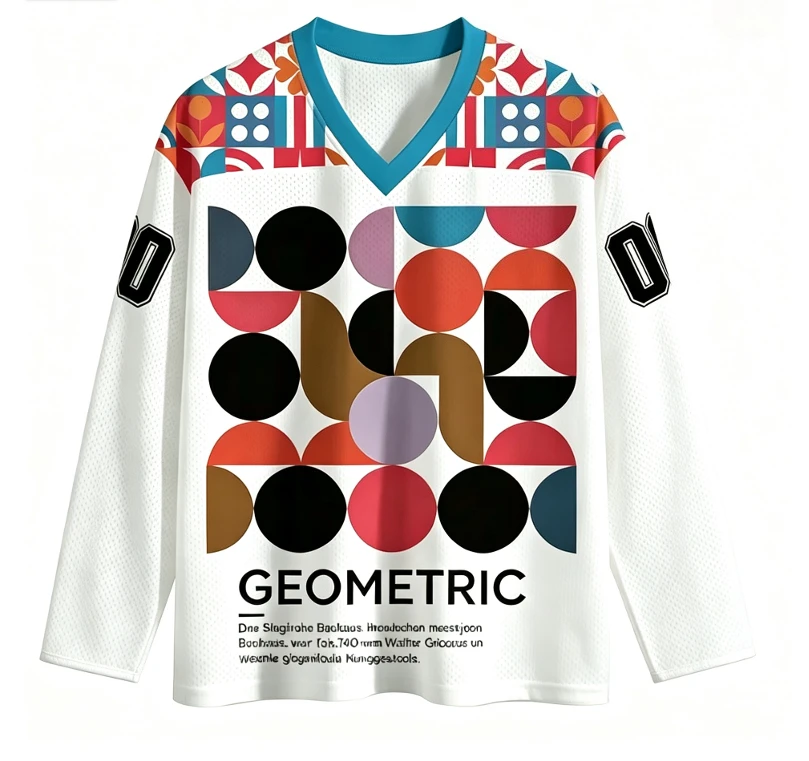 Retro Bauhaus Geometric Graphic Long Sleeve V‑Neck Mesh Jersey Straight‑Open Cuff Art Print Unisex Streetwear Sport Top