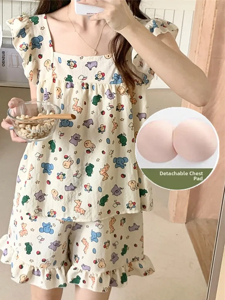 

Новый летний домашний комплект для девочек: милый мультяшный дизайн, тонкий хлопково-льняной топ на бретельках с нагрудными вкладышами, маленький размер