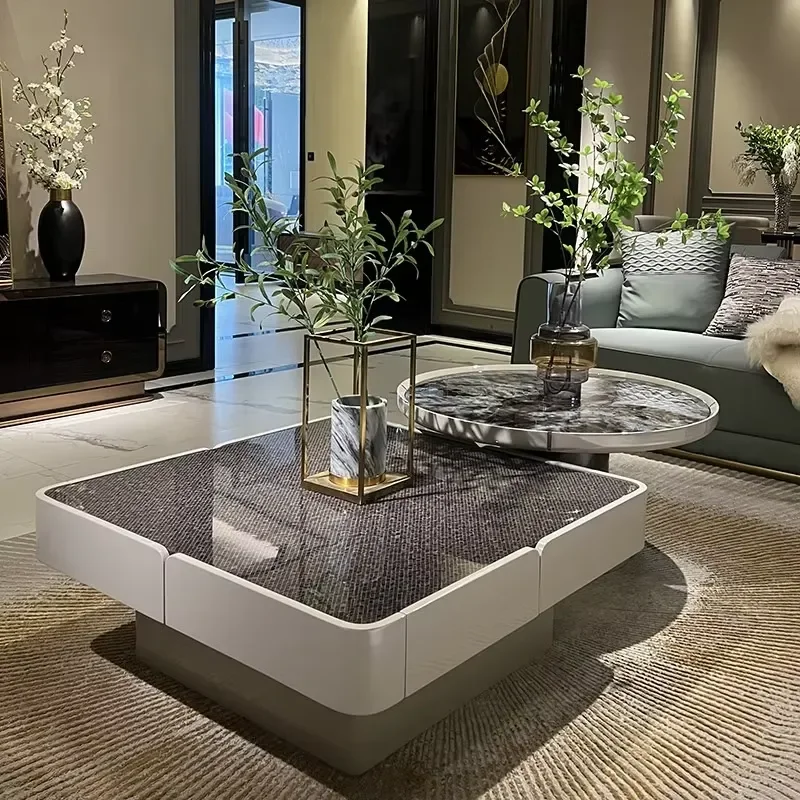 Postmodern Light Solid Wood Marble Coffee Table Set Storage Space No Assembly Required Italian Minimalist Design for