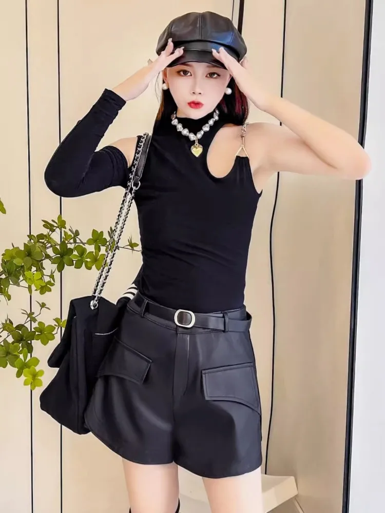 여성 하이웨이스트 와이드 레그 숏츠 신상 2024 봄 여름 캐주얼 스트릿웨어 여성 블랙 양가죽 정품 가죽 카고 숏츠