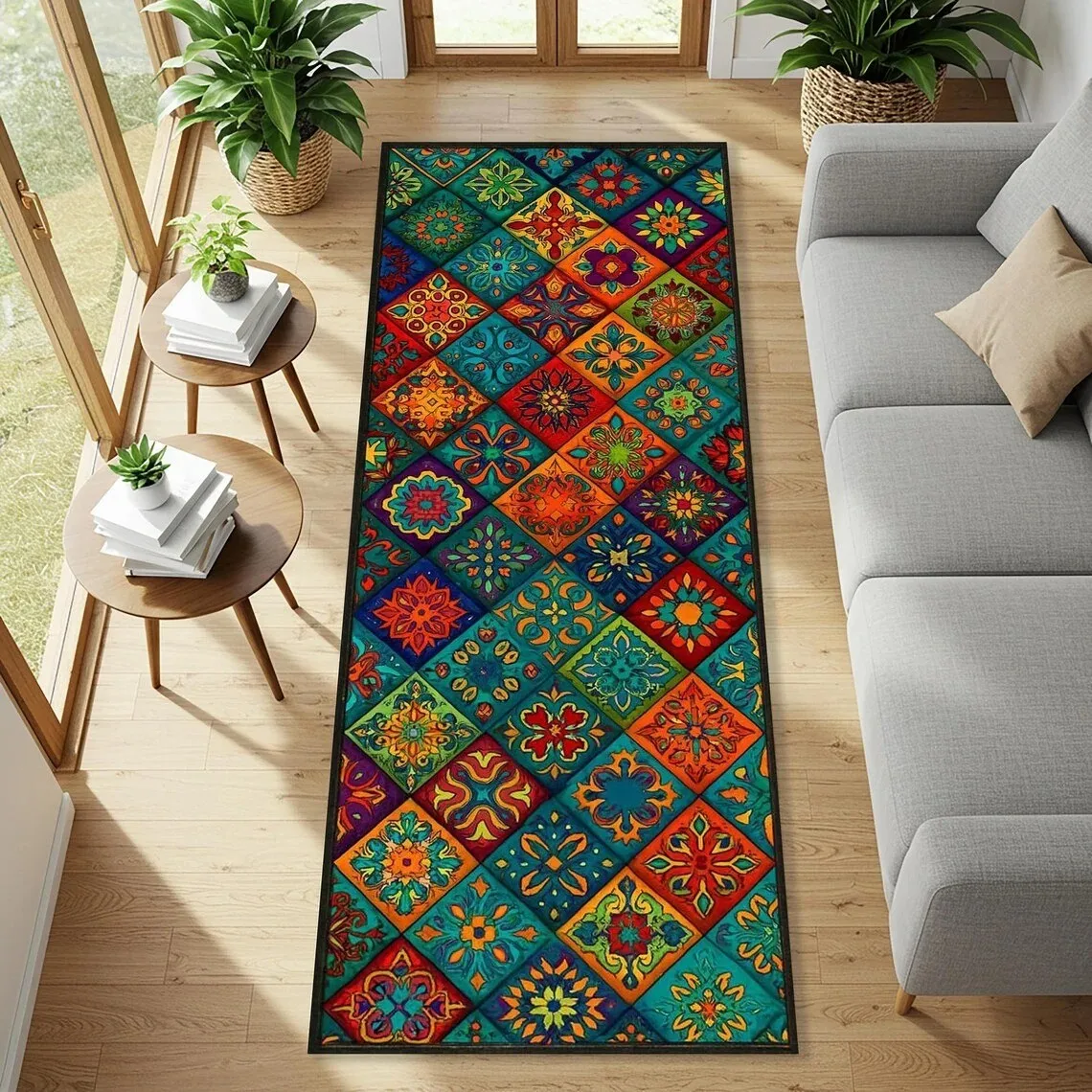 Mediterranean Tile Runner for Kitchen or Entryway, Blue White Floor Mat with Geometric Coastal Hallway Carpet for Summer Homes