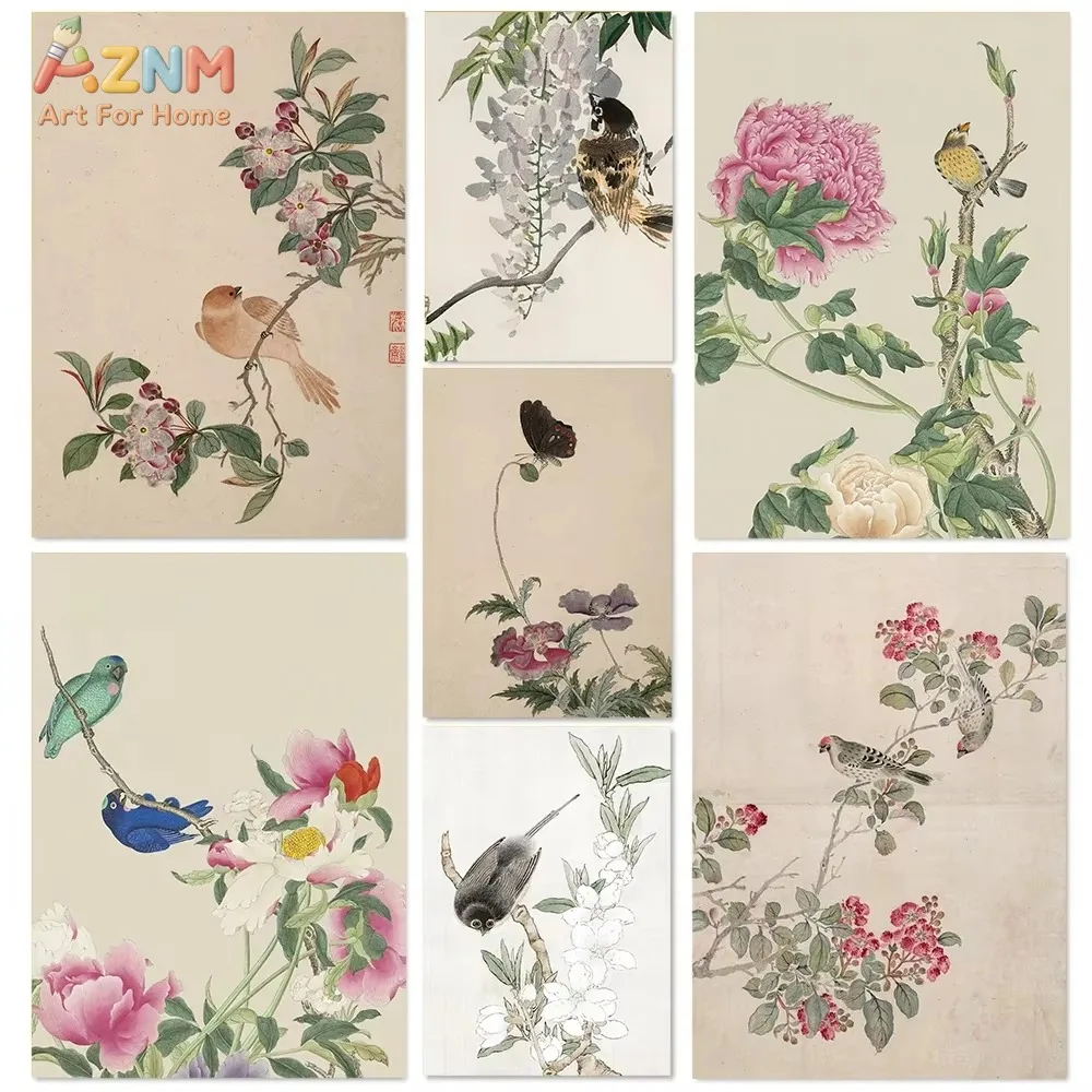 

1pc Retro Chinese Aesthetic Style Flowers And Birds Art Poster Ink Painting Traditional Chinese Painting Canvas Home Wall Decor