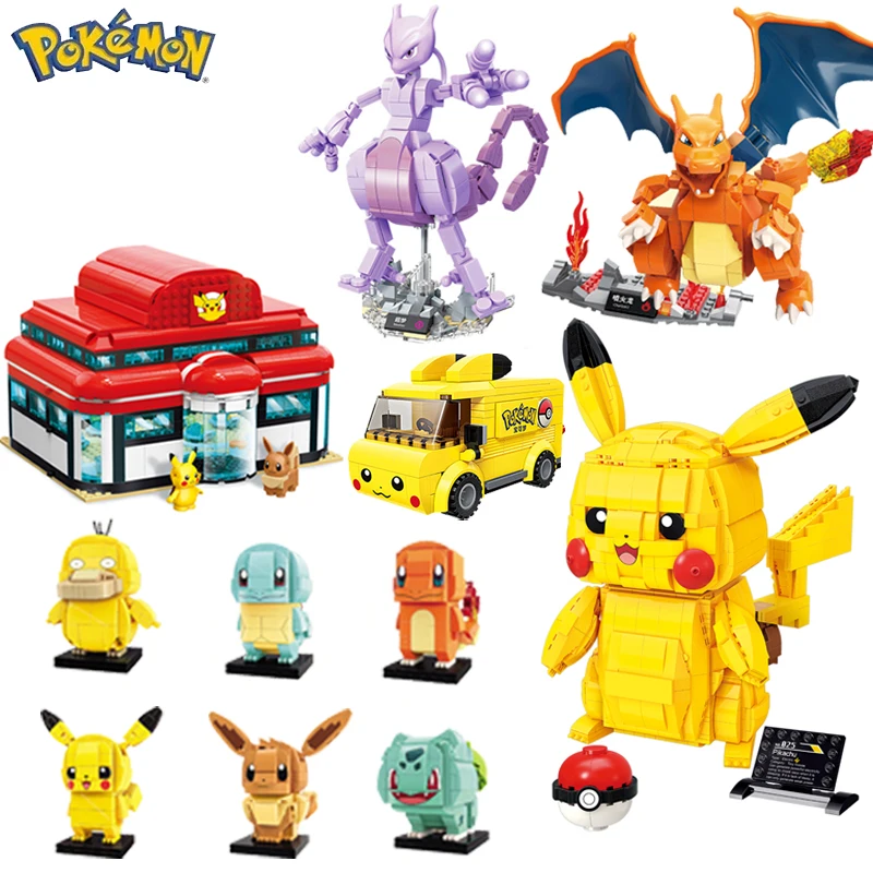 

Classic Anime Pokemon Center House Pikachu Mewtwo Charizard Venusaur Building Blocks Bricks Sets Model DIY Toy For Gift