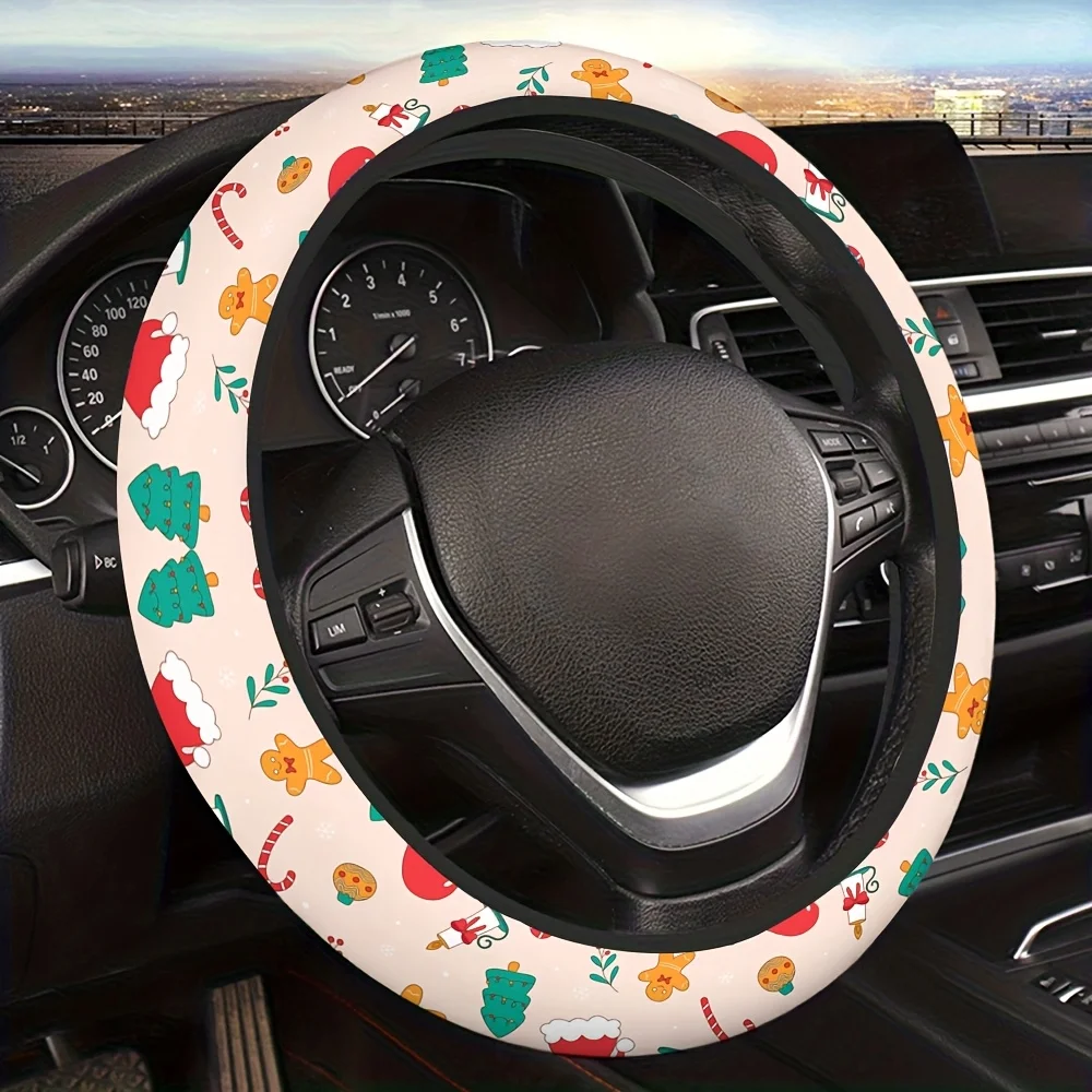 Christmas Steering Wheel Cover with Gingerbread Candy Canes Snowmen Reindeer Holiday Wheel Non-Slip Grip