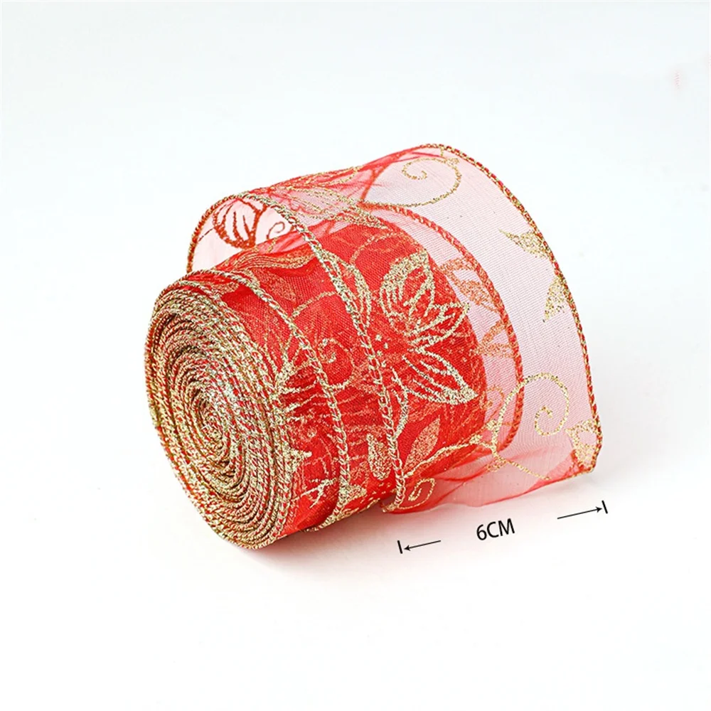 2M/Roll Christmas Ribbons Gold Red Wire Edge for DIY Xmas Tree Decoration Gift Wrapping Wreath Bows New Year Party Crafts Decor