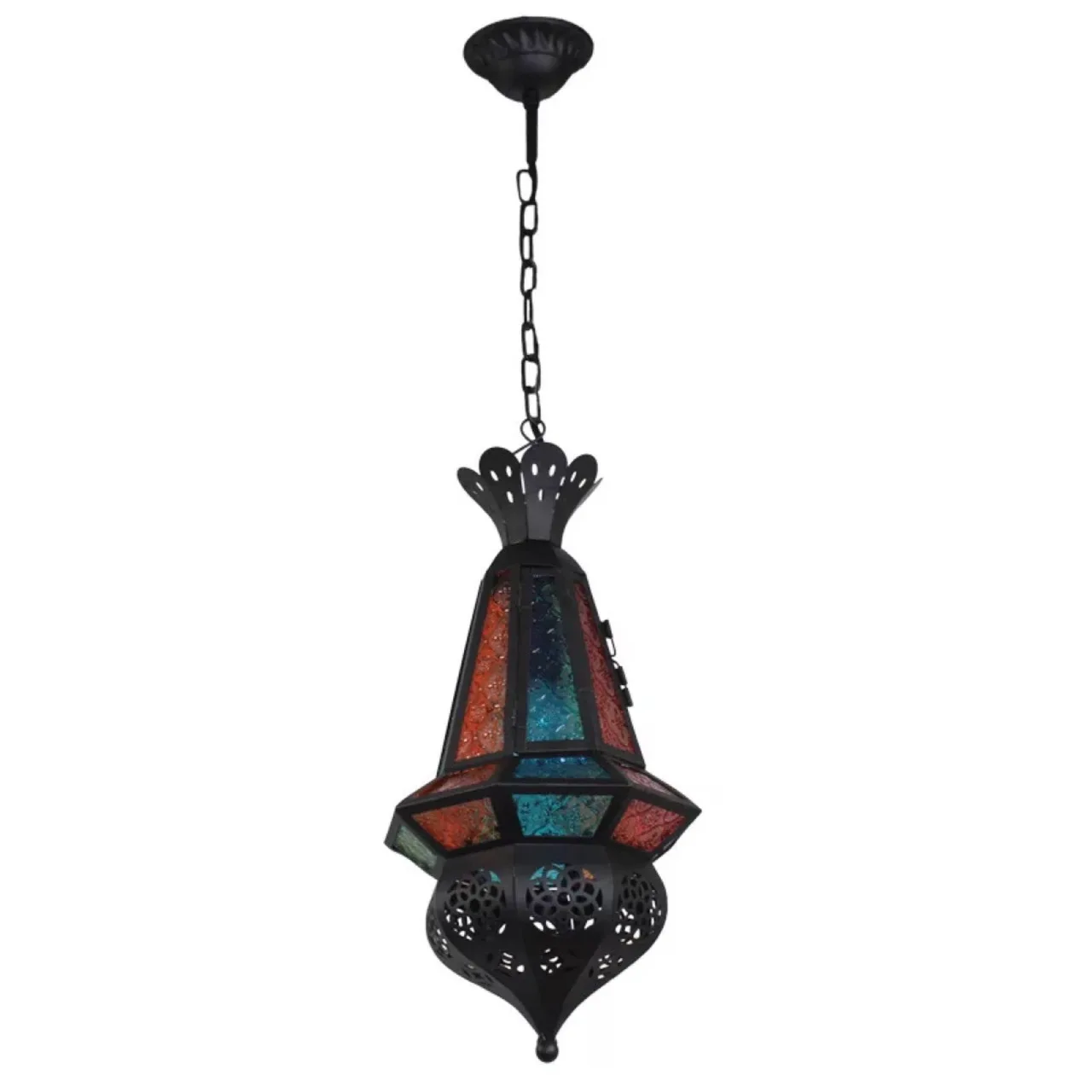 Vintage Moroccan Retro Black Painted Iron Chain Pendant Light WitStained Glass Water Pattern Glass Droplight