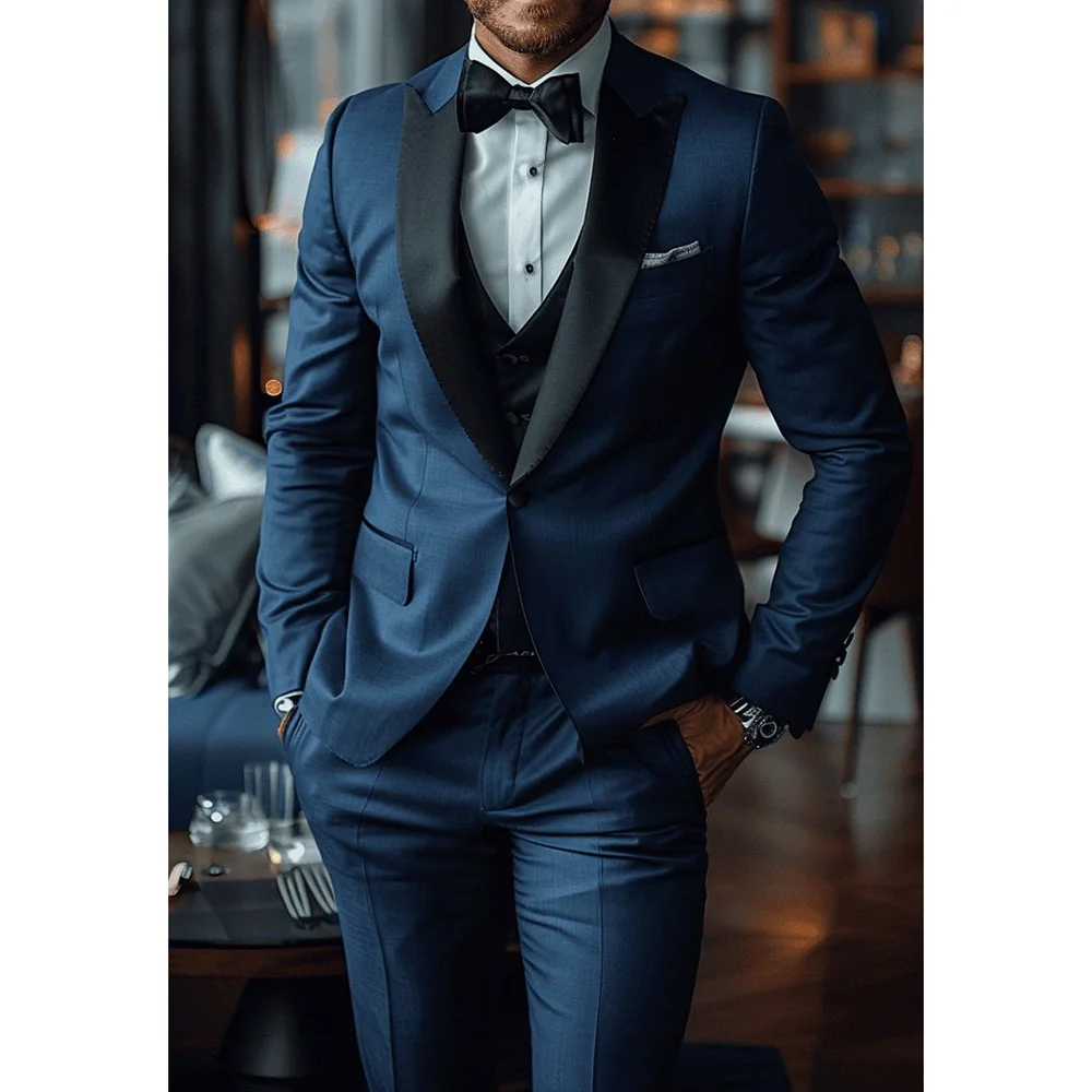 Slim Men Suit Single Botton Peak Lapel 3 Pieces(Jacket+Pants+Vest) Male Formal Wedding Party Set